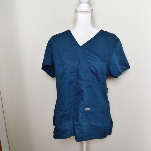 Grey's Anatomy Faux Wrap Teal Scrub Top - Picture 2 of 8
